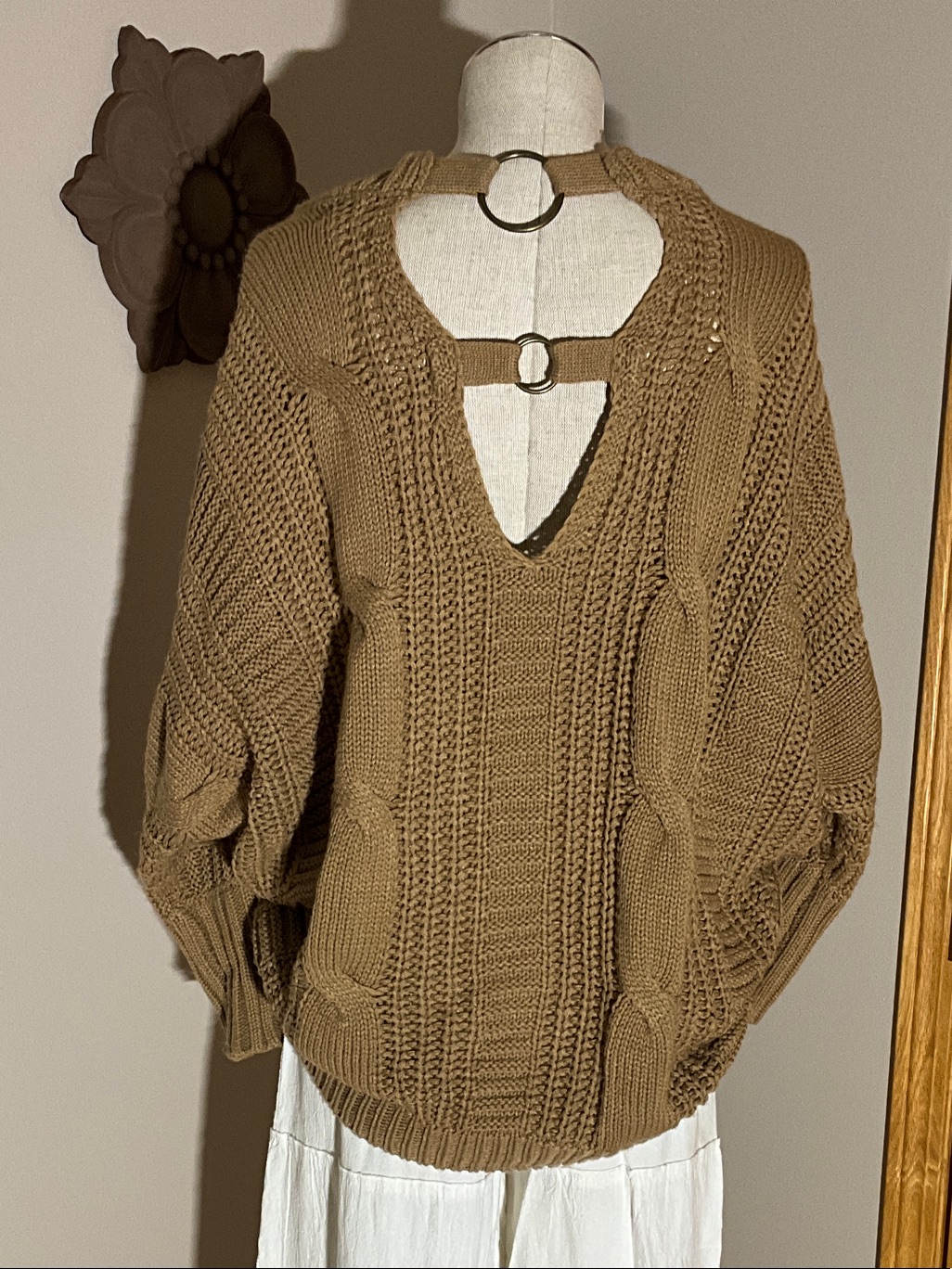 Bke Camel Cable-Knit V-Back Sweater With Ring Straps